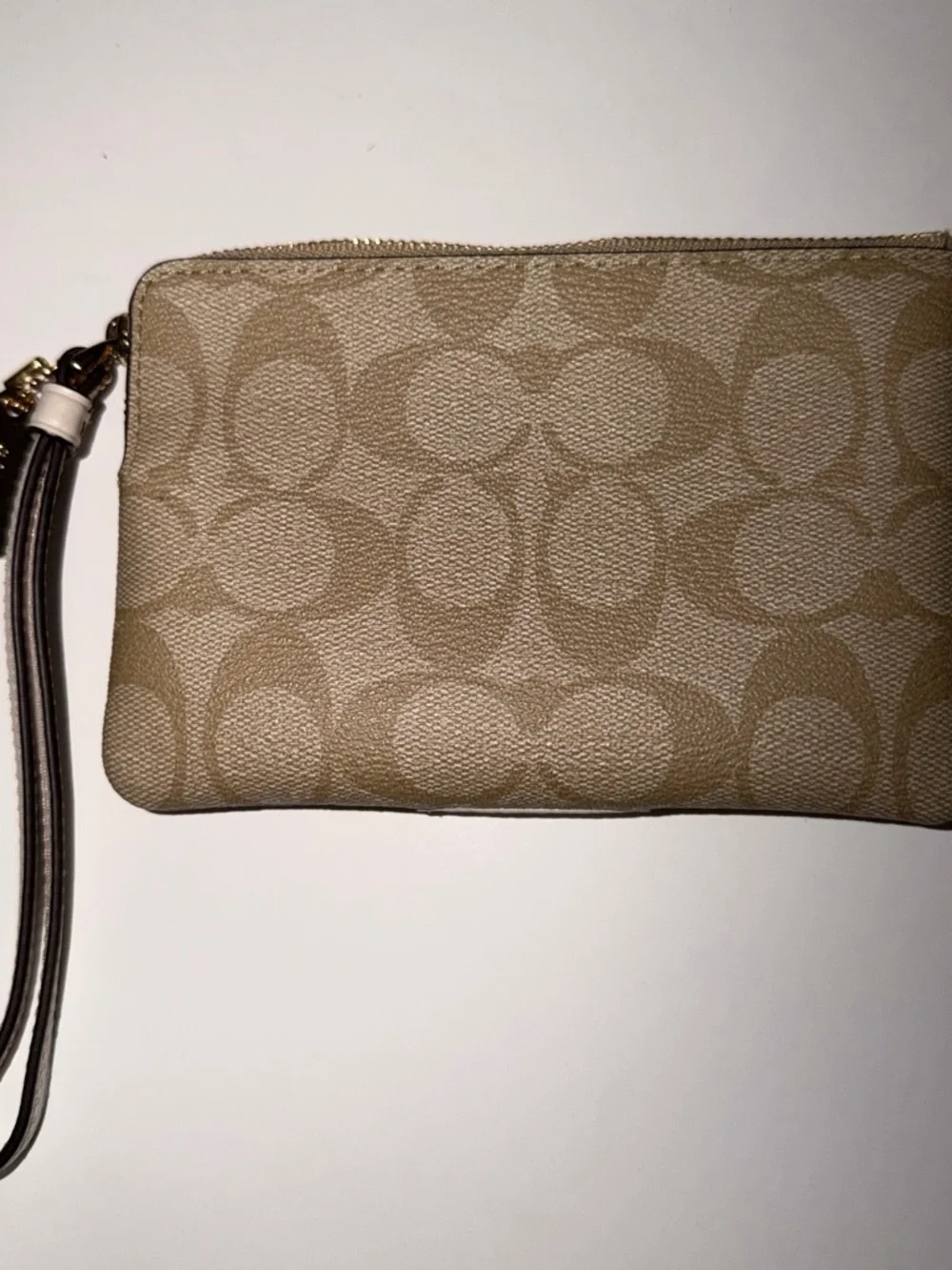 Coach Beige Signature Canvas Wristlet with Cream Center Stripe